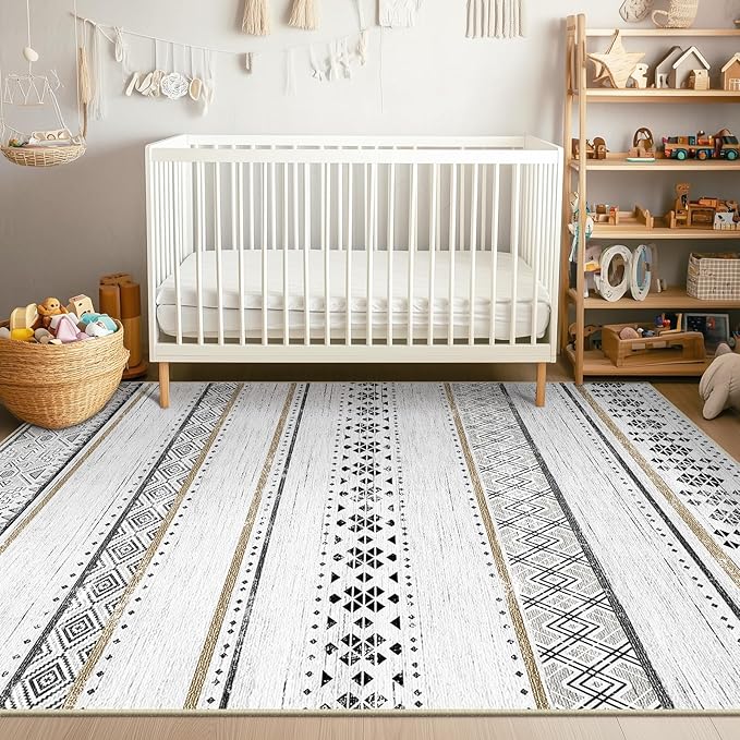 BESTSWEETIE 5x7 Area Rugs for Living Room Washable Moroccan Farmhouse Neutral Geometric Low Pile Non-Slip Soft Print Pattern Rug for Bedroom Kitchen Dining Room Entryway Black/Brown
