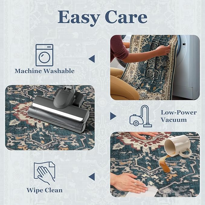 Vintage Blue Area Rugs 5x8, Non Slip Washable Rug for Living Room Bedroom, Dark Medallion Distressed Printed Low Pile Thin Carpet Rugs for Dining Room/Kitchen/Home Office, Deep Blue/Multi