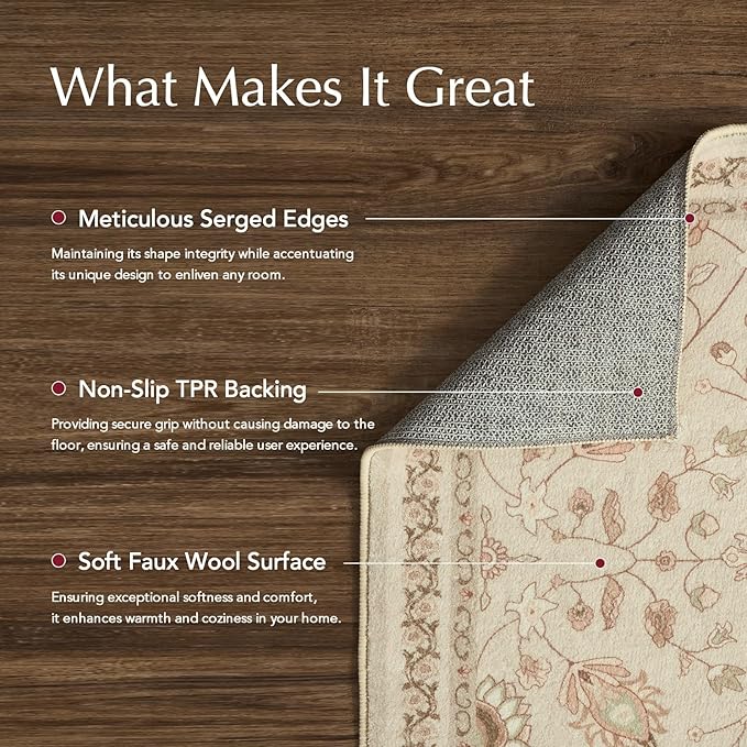 EVERGRACE Area Rugs for Living Room 4x6, Boho Floral Faux Wool Indoor Outdoor Rugs, Washable Rugs for Bedroom Entryway Dining Room Hallyway, Low Pile Floor Mat Carpet for Home Decor, Natural Beige