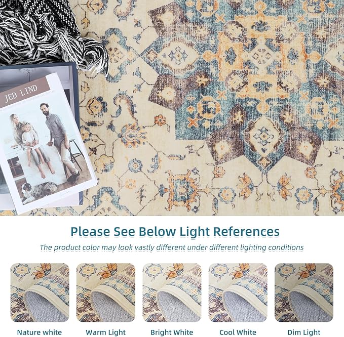 Dripex Washable Area Rug 6x9 Floral Rug Stain & Water Resistant Foldable Thin Vintage Rugs Faux Wool Floor Carpet for Living Room Bedroom Dining Room Kitchen Bathroom Farmhouse Office