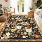 Floral 3x5 Area Rug Machine Washable Soft Print Boho Carpet Non Slip Doormat Low Pile Flower Area Rugs for Living Room Bedroom Nursery Kitchen Dining Room Indoor-Black/Yellow/Red