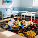 Black Floral Washable Living Room Area Rug, Low Profile Abstract Pattern, 3x5 Non-Slip Backing Carpet for Kitchen, Bedroom, Dining Room
