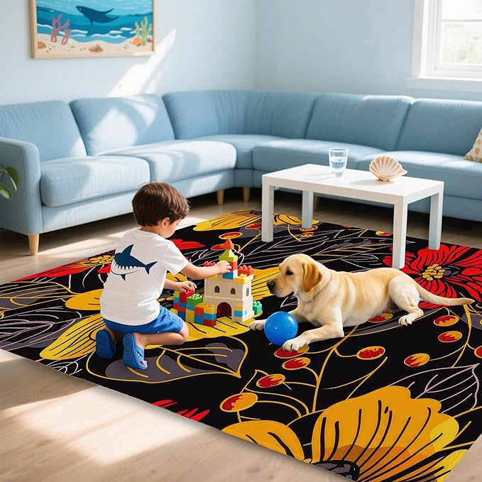Black Floral Washable Living Room Area Rug, Low Profile Abstract Pattern, 3x5 Non-Slip Backing Carpet for Kitchen, Bedroom, Dining Room