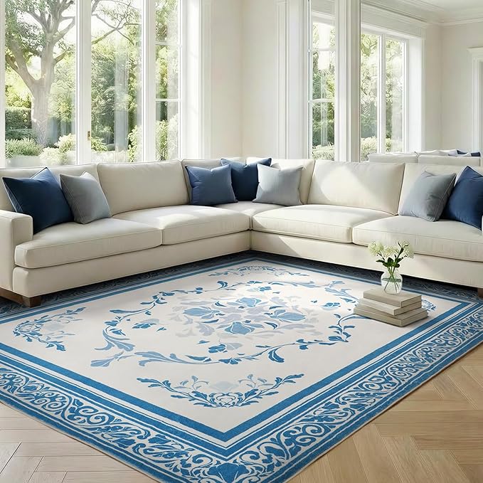 SOULFUL Medium Pile 3x5 Area Rug - Cozy Soft Underfoot Small Entryway Rug - Blue Boho Floral - Washable Non-Slip - Perfect for Living Room Bedroom Foot Kids Room Reading Nook