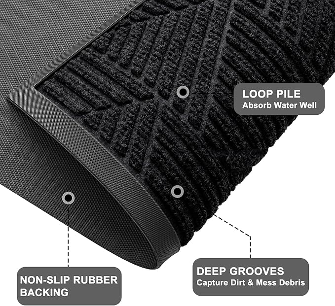 Kitinjoy Front Door Mat Outside Entrance, Sturdy Natural Dirt Trapper, Heavy Duty Rubber Doormat, Low Profile Non-Slip Backing, Easy Clean Floor Mat for Indoor Outdoor Entry, 47X32 Inch, Black