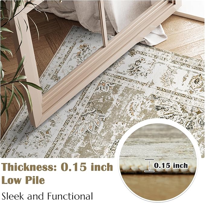 jinchan Fiora Runner Rug 2x5 Machine Washable Hallway Rug Taupe Vintage Floral Print Non-Slip Low Pile Ultra-Thin for Kitchen, Entryway, Laundry Room, Bedroom, Farmhouse (2‘x5’, Taupe)