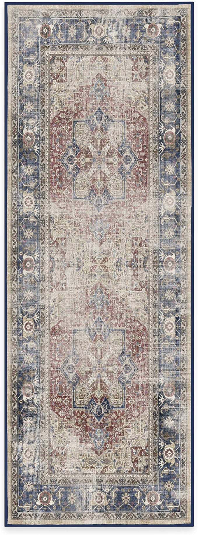 RUGGABLE Washable Vintage Runner Rug – Kamran Royal Blue 2.5x7, Stain-Resistant, Non-Slip Hallway Runner – Machine Washable Rug for Hallway, Entryway, Living Room & Kitchen–with Standard Pad