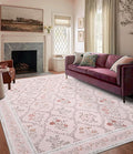 YIHOUSE Pink Floral Print Rugs, Moroccan Trellis 10x14 Washable Large Rug, Modern Pastel Non Slip Ultra-Thin Area Rug for Classroom, Nursery Playroom,Dorm,Bedroom,Living Room, Pink Multi