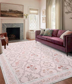 YIHOUSE Pink Floral Print Rugs, Moroccan Trellis 10x14 Washable Large Rug, Modern Pastel Non Slip Ultra-Thin Area Rug for Classroom, Nursery Playroom,Dorm,Bedroom,Living Room, Pink Multi
