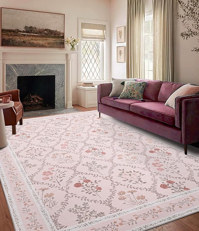 YIHOUSE Pink Floral Print Rugs, Moroccan Trellis 10x14 Washable Large Rug, Modern Pastel Non Slip Ultra-Thin Area Rug for Classroom, Nursery Playroom,Dorm,Bedroom,Living Room, Pink Multi