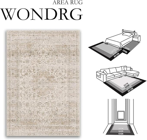 10x12 Beige Area Rug Vintage Living Room Bedroom Washable Carpet Non-Slip Soft Low Pile Distressed Indoor Large Throw Rug for Dining Room Office