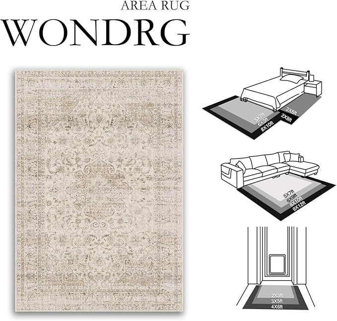 10x14 Beige Area Rug Vintage Living Room Bedroom Washable Carpet Non-Slip Soft Low Pile Distressed Indoor Large Throw Rug for Dining Room Office