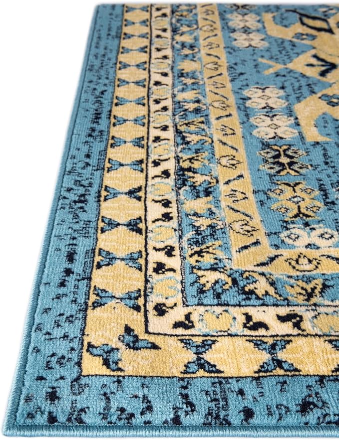 Unique Loom Taftan Collection Border Geometric Tribal Inspired Design Area Rug, 8 ft, Light Blue/Gold