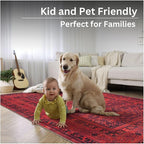 Bloom Rugs Washable Non-Slip 12 ft Runner - Red Traditional Bordered Runner for Entryway, Hallway, Bathroom, and Kitchen - Exact Size: 2.5' x 12'