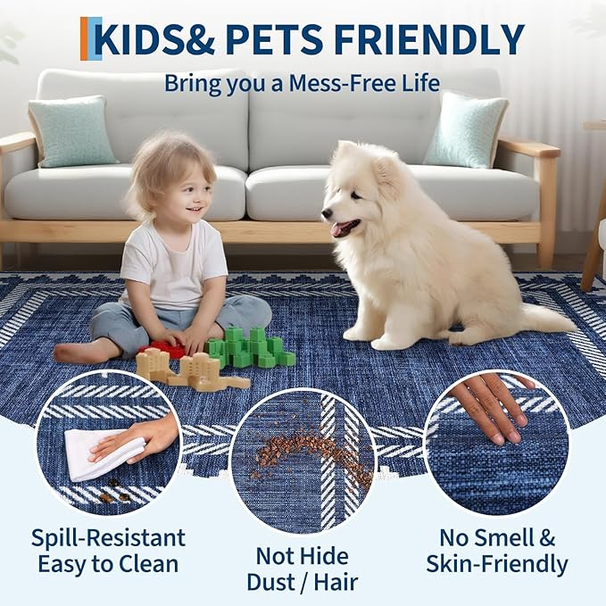 Geometric Bordered 2x6 Washable Runner Rug for Hallway Kitchen Foldable Non Slip Indoor Soft Carpet Modern Stain Resistant Non-Shedding Low Pile Rug for Dining Room Living Room with Rubber Back, Blue