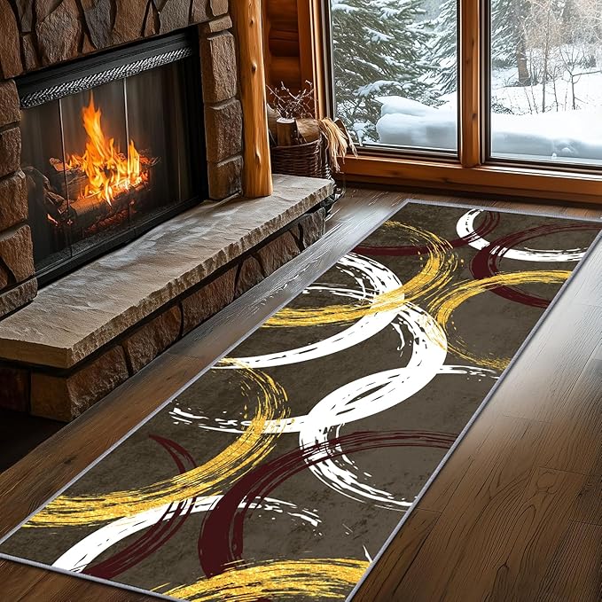 Gold White Red Circle Pattern Runner Rug, 1.3x7ft Washable Hallway Entrance Rugs - Corridor & Foyer Long Accent Rug, Modern Stylish Decor Carpet for Home Runner Non-Slip Mat