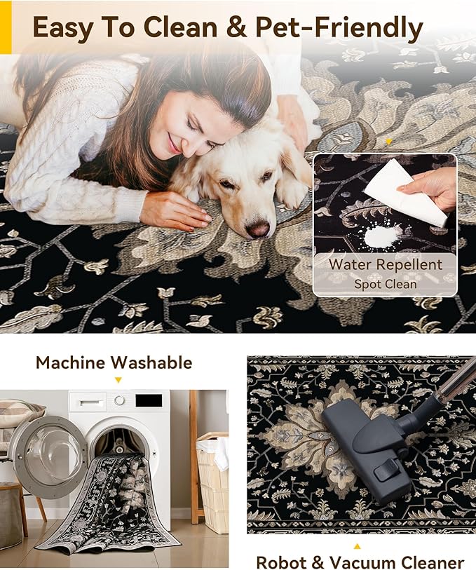 Area Rugs 3'x7' Washable Non-Slip, Floral Vintage Distress Print Pattern Medallion Carpet for Living Room Bedroom Dining Room, Black Brown Neutral Dark Tan