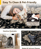 Area Rugs Square 10ft Washable Non-Slip, Floral Vintage Distress Print Pattern Medallion Carpet for Living Room Bedroom Dining Room, Black Brown Neutral Dark Tan