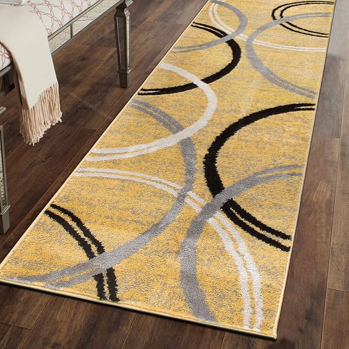 Rugshop Wavy Circles Design Runner Rug, Fade-Resistant Carpet for Hallway, Entryway, or Kitchen, Yellow, 2' x 7'2"