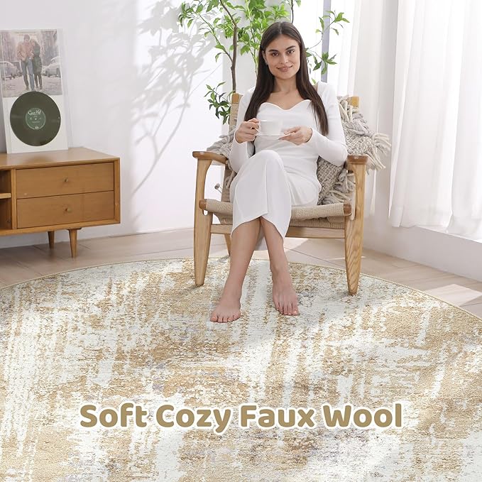 Round Rug Living Room Rugs: 5Ft Washable Circle Large Abstract Modern Soft Stain Resistant Non Slip Indoor Floor Carpet for Bedroom Nursery Office Dining Room Dorm Home House Decor- Gray Gold