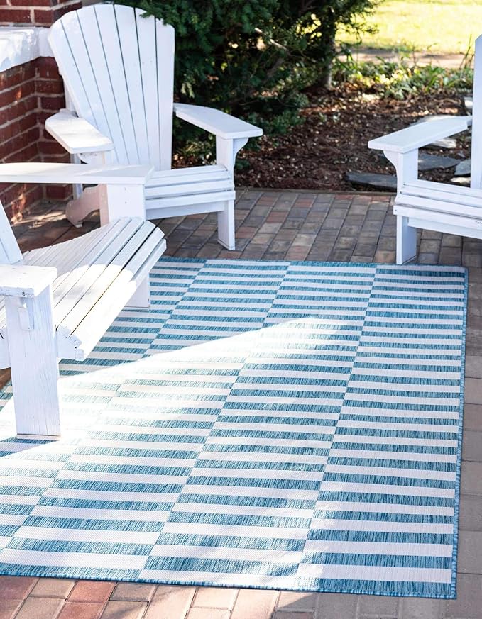 Unique Loom Outdoor Striped Collection Area Rug - Striped (5' 1" x 8' Rectangle, Light Aqua/Ivory)