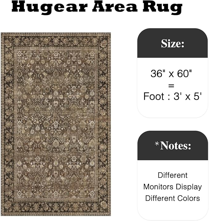 HUGEAR 3x5 Machine Washable Rugs Brown Hallway Area Rug Indoor Accent Rug Floral Low Pile Carpet Soft Throw Rug Bedroom Living Room Office Dining Room Kitchen Laundry Room Non Slip