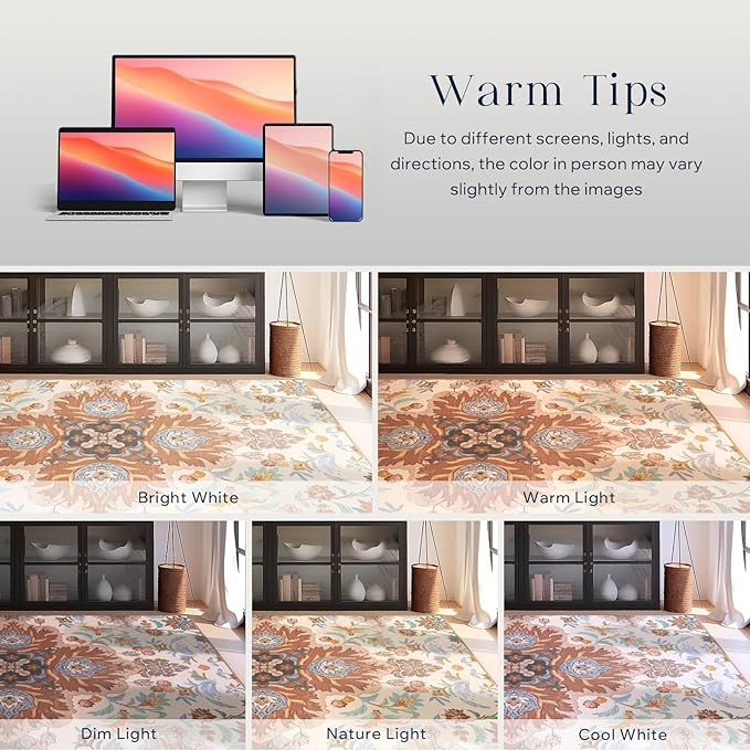 Phantoscope Washable Runner Rug 2'x10' Non-Slip, Vintage Boho Hallway Rugs for Entryway, Stair, Bedroom, Fall Orange Floral Medallion Pattern, Low-Pile Foldable Floor Carpet, Rust/Multi Floral
