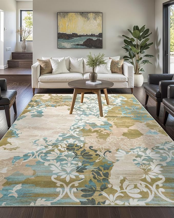 Washable Abstract Rug, 8x10 Willow Green and Blue Floral Area Rugs with Non-Slip Rubber Backed for Living Room, Low Pile Modern Throw Carpet Bedroom Dining Room Decor