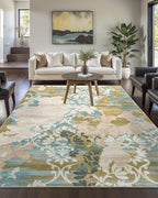 Washable Abstract Rug, 4x6 Willow Green and Blue Floral Area Rugs with Non-Slip Rubber Backed for Bedroom, Low Pile Modern Throw Carpet Kitchen Living Room Decor