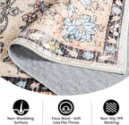 4x6 Washable Area Rug – Ivory and Beige Vintage Carpet with Charcoal Border, Floral Scroll&Geometric Lattice Pattern, Boho Non-Slip Indoor Mat for Living Room, Bedroom, Dining Room, Entryway