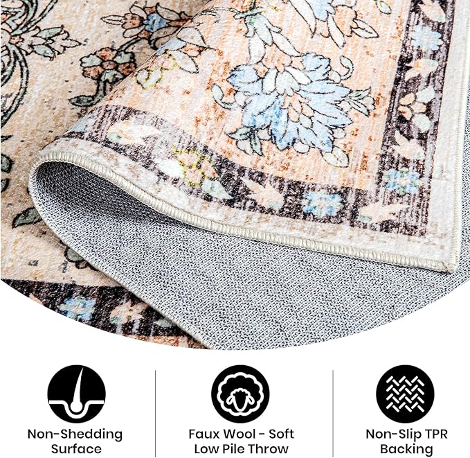 Area Rug for Living Room, 8x10 Machine Washable Non Slip Large Faux Wool Throw Rug, 0.3″ Low Pile & Non-Shedding Boho Large Carpet Rugs for for Dining Room, Bedroom, Office (Khaki)