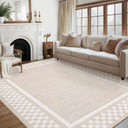 GarveeHome 5x7 Washable Area Rug for Bedroom Living Room Non Slip Modern Bordered Throw Rugs Low Pile Soft Checkered Dining Room Area Rugs Geometric Throw Carpet for Kitchen Nursery Office, Beige