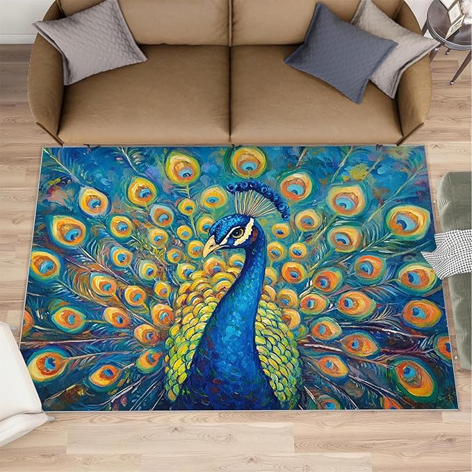 Peacock Area Rug 5x6-5x6 Rug, Wonderful Peacock Rugs for Living Room, Teal Turquoise Carpet, Peafowl Washable Area Rugs for Bedroom, Aesthetics Carpet - Peafowl Home Decor & Gifts