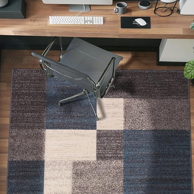 Rugshop Contemporary Blue Geometric Boxes Non-Slip Area Rug Non-Shedding for Living Room, Dining Room and Office, 3'3" x 5'