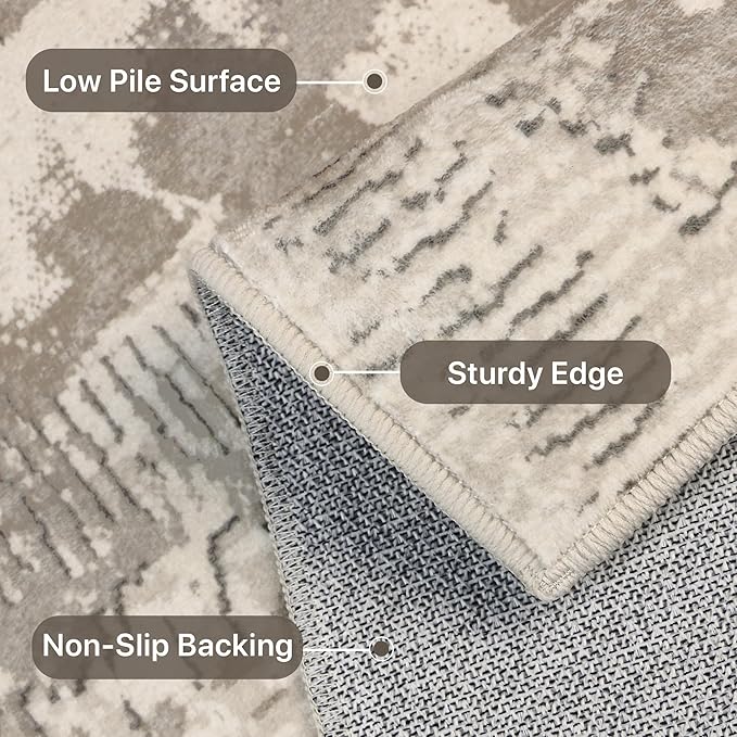 Washable Rug 3x5 Area Rug for Living Room Bedroom, Modern Abstract Throw Rug Indoor Floor Carpets Low Pile No Shed Non-Slip with Rubber Backing Dining Room Kitchen Office (Light Brown, 3'x5')
