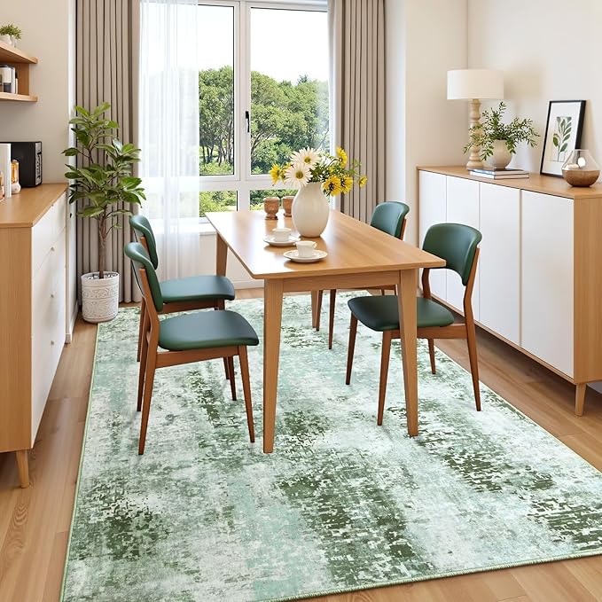 Washable Abstract Rug, 6x9 Modern Area Rugs with Non-Slip Rubber Backed for Living Room, Thin but Soft Contemporary Carpet Kitchen Bedroom Dining Room Decor, Green