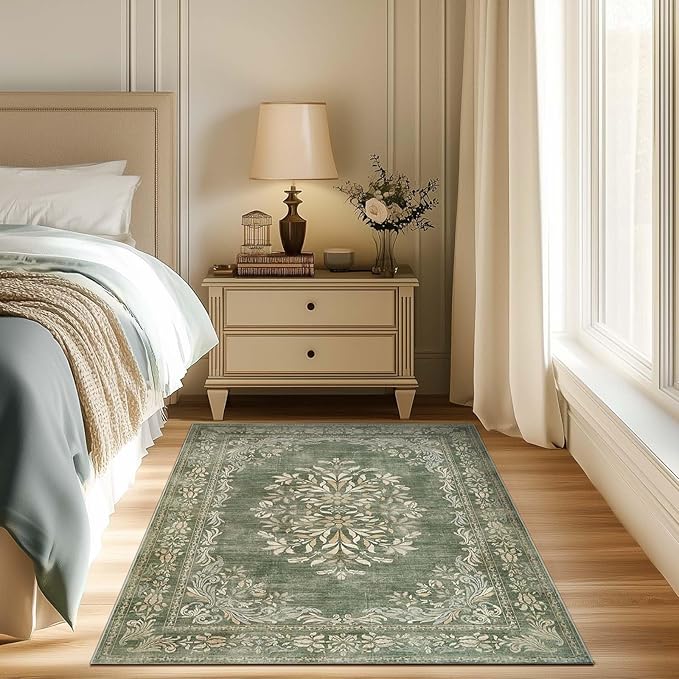 jinchan Green Floral 3x5 Area Rugs for Entryway - Machine Washable Vintage Distressed Design Low-Pile Soft Non-Shedding Carpet for Kitchen Bedroom Entrance Laundry Living Room (3x5ft,Dark Green)
