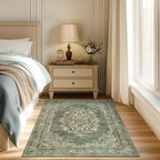 jinchan Green Floral 3x5 Area Rugs for Entryway - Machine Washable Vintage Distressed Design Low-Pile Soft Non-Shedding Carpet for Kitchen Bedroom Entrance Laundry Living Room (3x5ft,Dark Green)