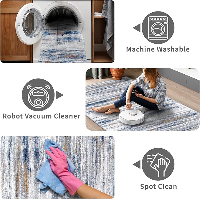 5x7 Area Rug for Living Room: Non-Slip Washable Rugs for Dining Room Bedroom Study Home Office - Easy-to-Clean Stain and Water Resistant Carpet - Soft Low-Pile Mat Navy Grey