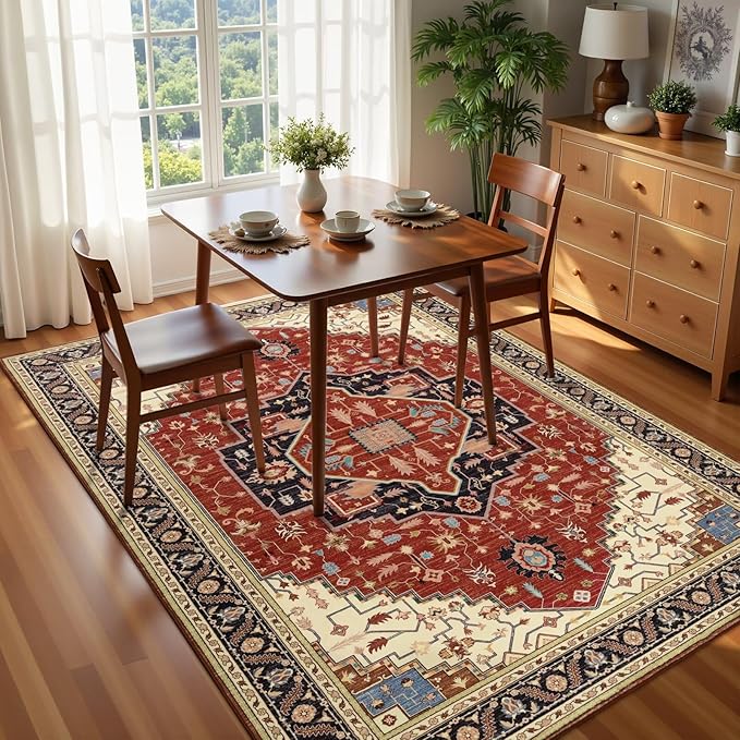 4x6 Orange Red Area Rug for Living Room, Machine Washable Rugs with Non-Slip Backing for Bedroom, Vintage Medallion Carpet Kitchen Laundry Kids Room Decor