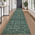 Runner Rug 2.6x18, Dark Green Washable Long Hallway Rug Runner Non-Slip Soft Kitchen Runner Thin Printed Faux Wool Super Soft Carpet for Entryway Bedroom Laundry Room Indoor Home Decor