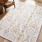 Phantoscope Washable Area Rug 5'x7' Non-Slip, Vintage Floral Boho Rugs for Living Room, Bedroom, DiningRoom, Soft Botanical Moroccan Pattern, Low-Pile Foldable Floor Carpet, Ivory Pink/Boho Garden