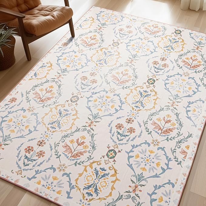 Phantoscope Washable Area Rug 8'x10' Non-Slip, Vintage Floral Boho Rugs for Living Room, Bedroom, DiningRoom, Soft Botanical Moroccan Pattern, Low-Pile Foldable Floor Carpet, Ivory Pink/Boho Garden