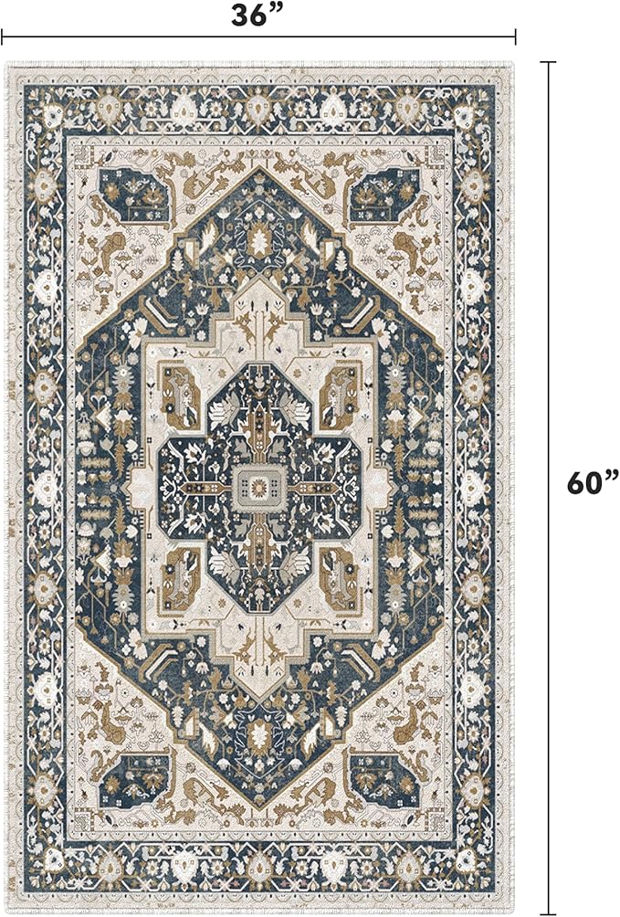 EnHomee 3x5 Washable Area Rugs for Bedroom, Boho Vintage Rugs, Foldable Area Rug for Dining Room, Non-Slip Soft Living Room Rug, Low Pile Large Carpet for Bathroom, Blue and Brown