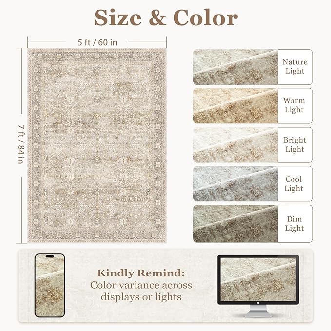 Neutral Beige 5x7 Area Rugs for Living Room Bedroom, Washable Non Slip Low Pile Thin Soft Carpet Rugs for Dining Room/Kitchen/Home Office/Nursery, Vintage Earth Tone Rug with Decorative Fringe