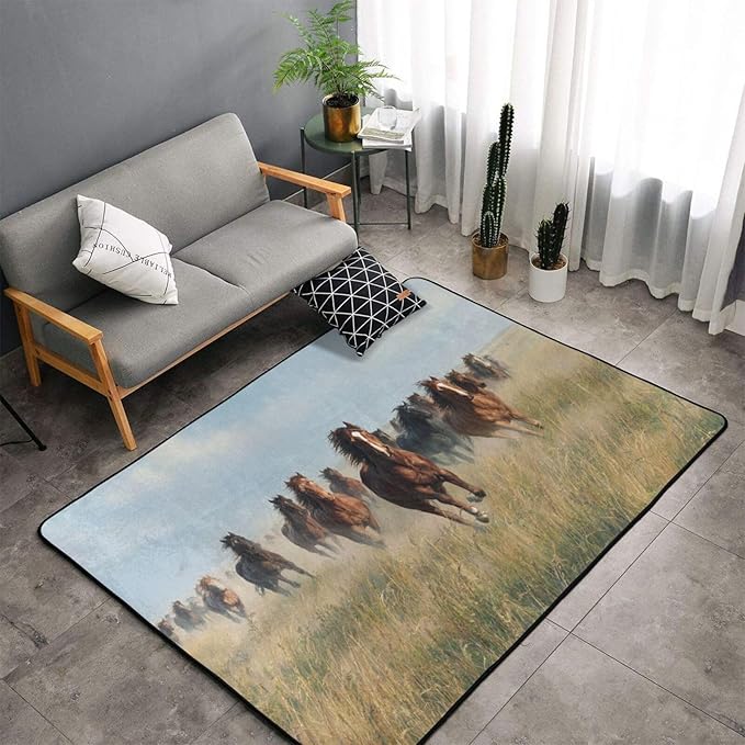 Horses Gallop Across The Grassland Area Rug Washable Outdoor Rugs Anti-Slip Soft Carpet Entryway Indoor Door Mat for Bedroom,Living Room,Porch,Terrace and Entrance Decor 2'x 1'