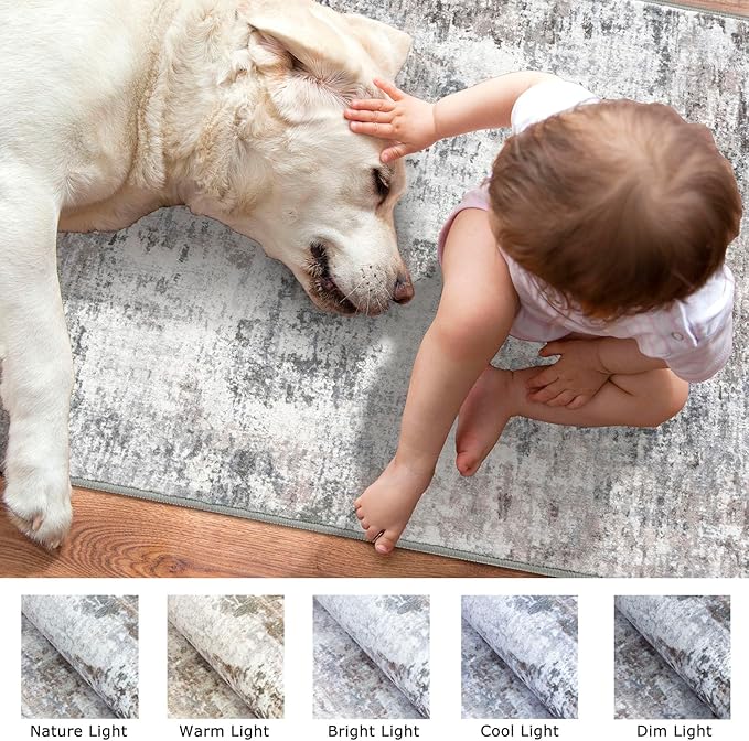 Modern Abstract Hallway Runner Rug, Beige Grey 2.6x8 Runner Rug, Washable Kitchen Runner Non-Slip Soft Thin Print Faux Wool Carpet for Entryway Bedroom Laundry Room Indoor