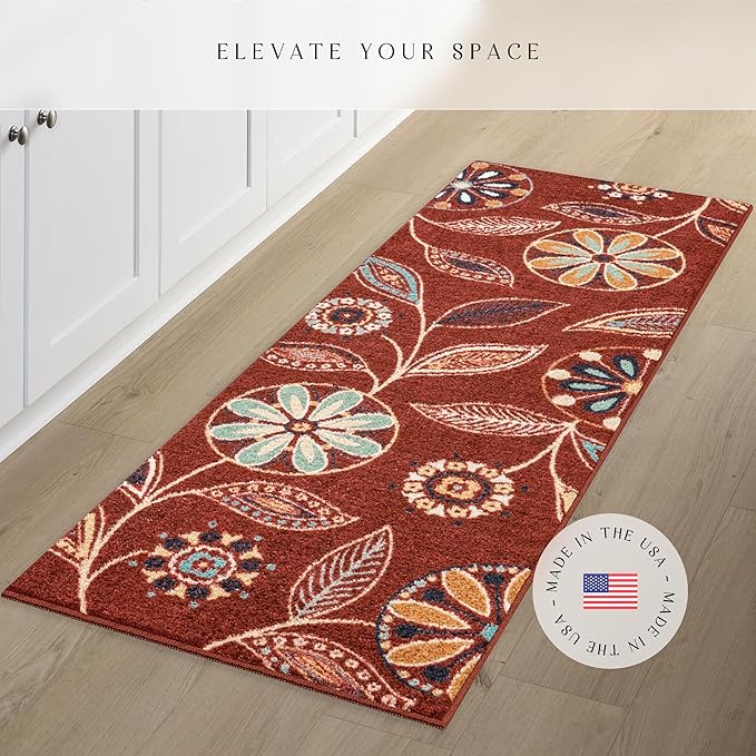 Maples Rugs Reggie Floral Runner Rug - Made in USA - Washable, Non Slip Indoor Carpet for Kitchen, Hallway, and Laundry Room, 2' x 5', Merlot