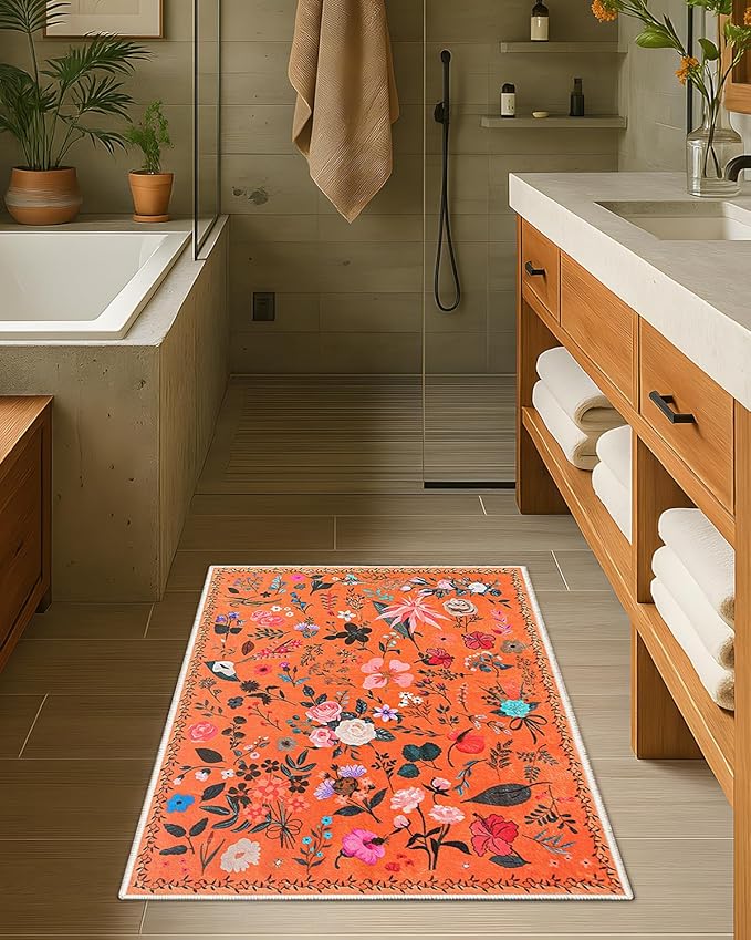 Boho Floral Entryway Rug 2x3, Washable Small Mat for Bathroom and Kitchen, Non Slip Front Door Mat Indoor Entrance, Vintage Style Flower Mat with Rubber Backing, Soft Area Rug for Entry Way (Orange)