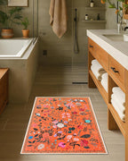 Boho Floral Entryway Rug 2x3, Washable Small Mat for Bathroom and Kitchen, Non Slip Front Door Mat Indoor Entrance, Vintage Style Flower Mat with Rubber Backing, Soft Area Rug for Entry Way (Orange)